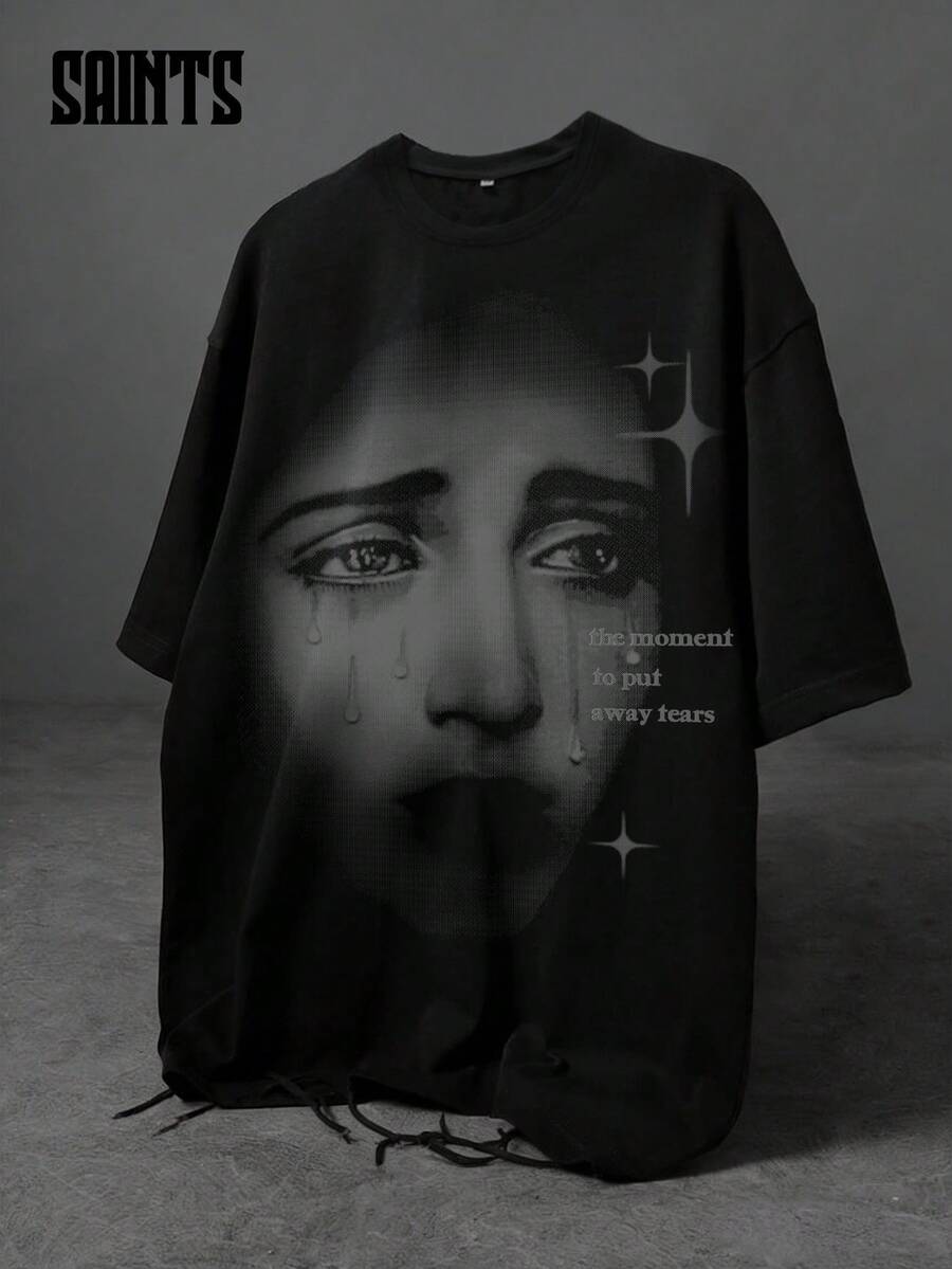 男士短袖T恤，男女通用，印花图案，做旧下摆，宽松休闲款，适合都市街头风格。 - 黑色 - 查看 1