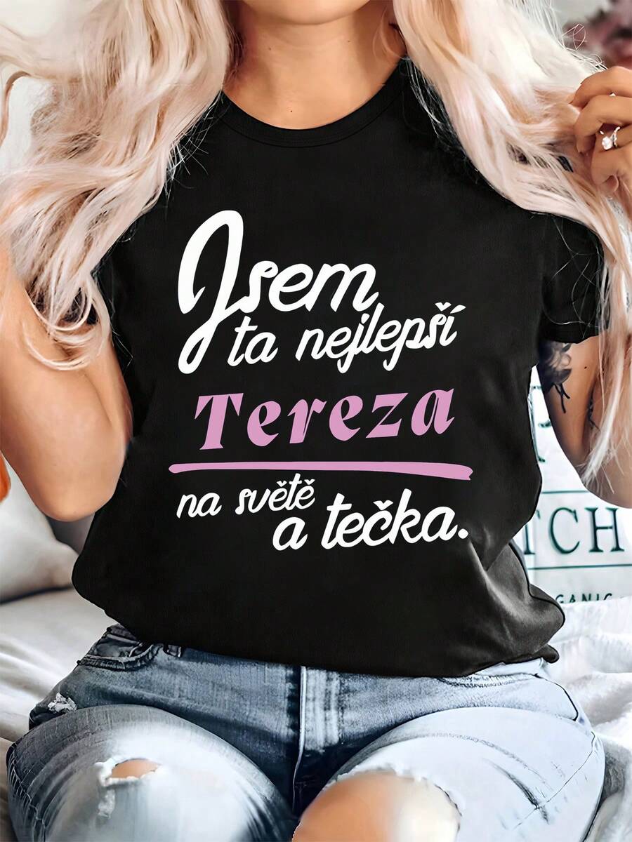 Soy la Mejor Tereza del Mundo, punto. Camiseta de Mujer con un Slogan Confidente, Manga Corta Casual, Rosa y Blanco, con un Diseño Único para Uso Diario - Púrpura polvoriento - Ver 1