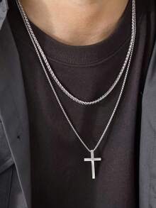 2pcs Cross Charm Necklace, Stainless Steel Jewelry - Multicolor - View 1