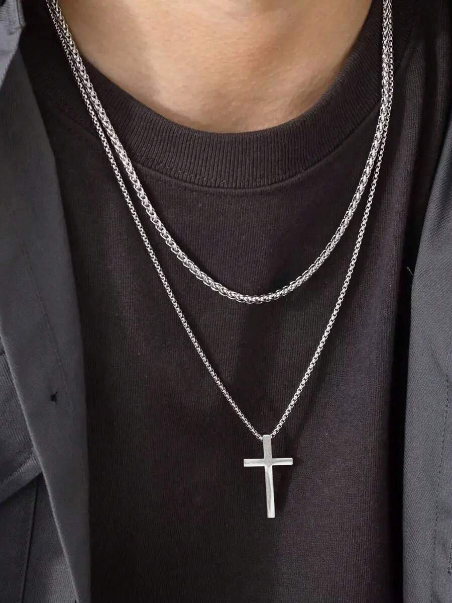 2pcs Cross Charm Necklace, Stainless Steel Jewelry - Multicolor - View 1