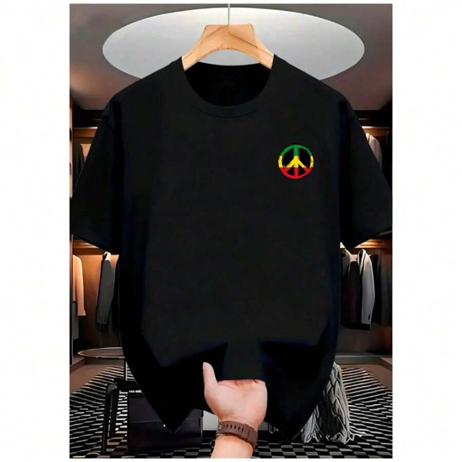 Men's Peace Reggae Minimalist T-Shirt, 100% Cotton, Basic Casual Style. - màu đen - Xem 1