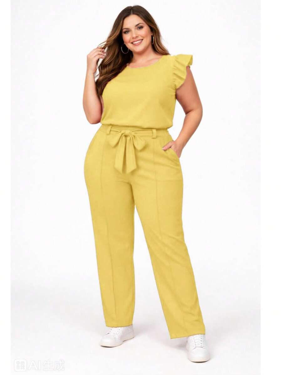 Elegant Plus Size Social Set In Dune Crepe, Casual Style With Drawstring Pockets, For Office Or Home. - 黃色 - 查看 1