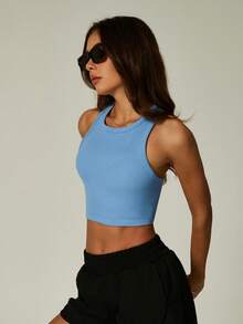 1pc Women Ribbed Seamless Cropped Sleeveless Turtleneck Vest, Hazy Blue, High Stretch Fitness Yoga Casual Camisole - Dusty Blue - View 4