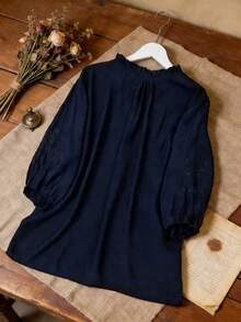 女士休闲刺绣宽松波西米亚复古中袖衬衫，纯色，适合春夏春季穿着 - 藏蓝色 - 查看 3