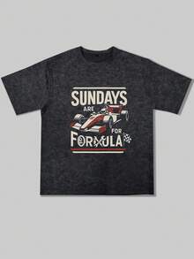 男士时尚休闲街头摇滚说唱歌手风格宽松水洗棉短袖T恤 | 赛车元素印花 | 精致设计 | 春夏必备 | 百搭易穿，展现您的个人风格。 - 黑色 - 查看 4