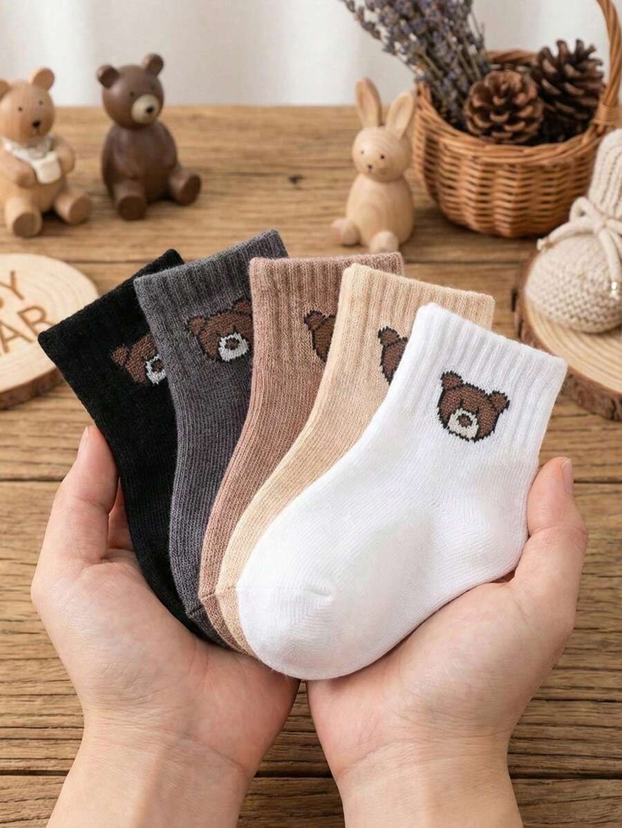 5 Pairs/Set Cute Bear Pattern Casual Elastic Mid-Calf Socks For Baby Boys, Suitable For Autumn/Winter - Multicolor - View 1