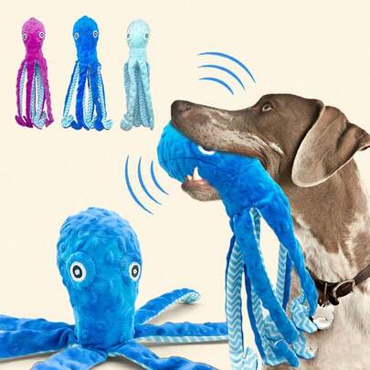 1pc Plush Octopus Shaped Dog Doll. The Head Contains A TPR Rubber Ball For The Dog To Chew On. The Tentacles Are Equipped With Sound Paper That Can Make Sounds. It Is An Interactive, Companion, And Entertainment Doll For Dogs, As Well As A Gift For Dogs.