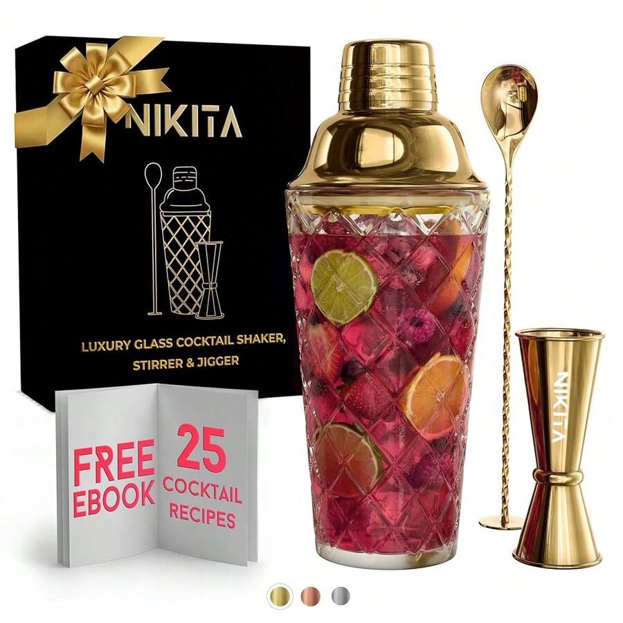 Glass Cocktail Shaker Set - 5 Piece - Gold Martini Shaker Set With Strainer, Jigger, Spoon & Muddler - 16 Oz Drink Shakers Cocktail - Ideal Gift For Home Bar & Drink Trolley Décor - 金色 - 查看 1