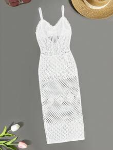 女士优雅性感吊带露背镂空薄纱沙滩度假长款钩针罩衫连衣裙，白色夏季 - 白色 - 查看 5