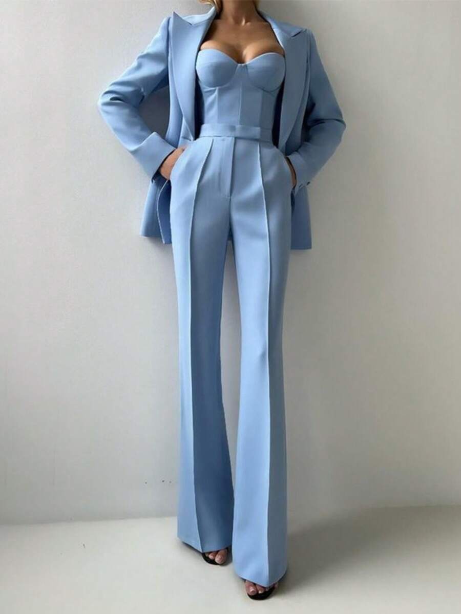 Women's Formal Suit Set - Stylish And Fashionable For Daily Work. The Set Includes A Blouse, Trousers And Coat, Making It A Three-Piece Outfit - 淺藍色 - 查看 1