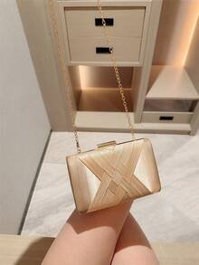 女士经典交叉设计优雅盒形晚宴手拿包，正式晚宴手提包 - 金色 - 查看 4