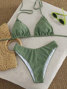 Women's Halter Tie Sexy Dark Green Bikini Swimwear Set For Beach Vacation, Halter Tie Backless Women's Swimwear, Casual Vacation Elegant Women's Beach Swimwear, Made Of High Elastic Fabric, Double-Layer Breathable Fabric Summer - Green - View 3