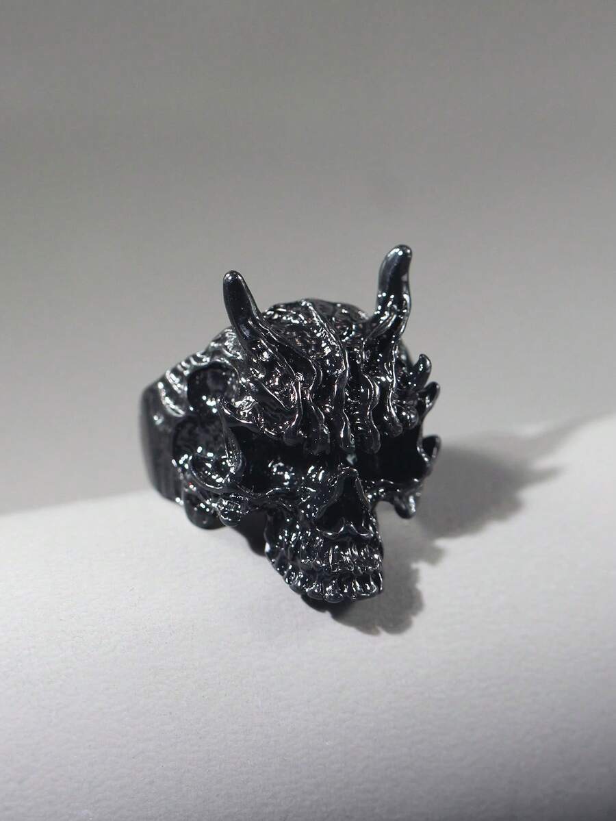 1pc Men's Punk Skull Open Ring - Black - View 1