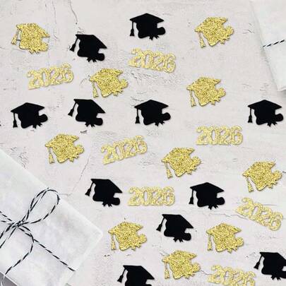 2026 年金色和黑色毕业纸屑，100 片，黑色和金色博士帽形状的纸屑，非常适合 2026 年毕业派对的餐桌装饰。