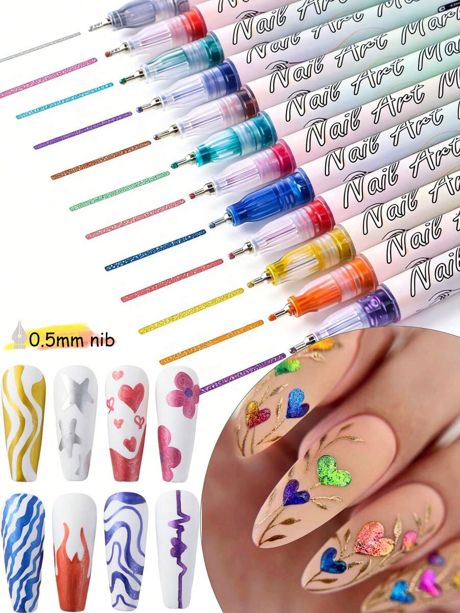 12支装美甲涂鸦笔彩色马克笔珠光防水绘图笔抽象线条绘画笔美甲工具 - 彩色 - 查看 1