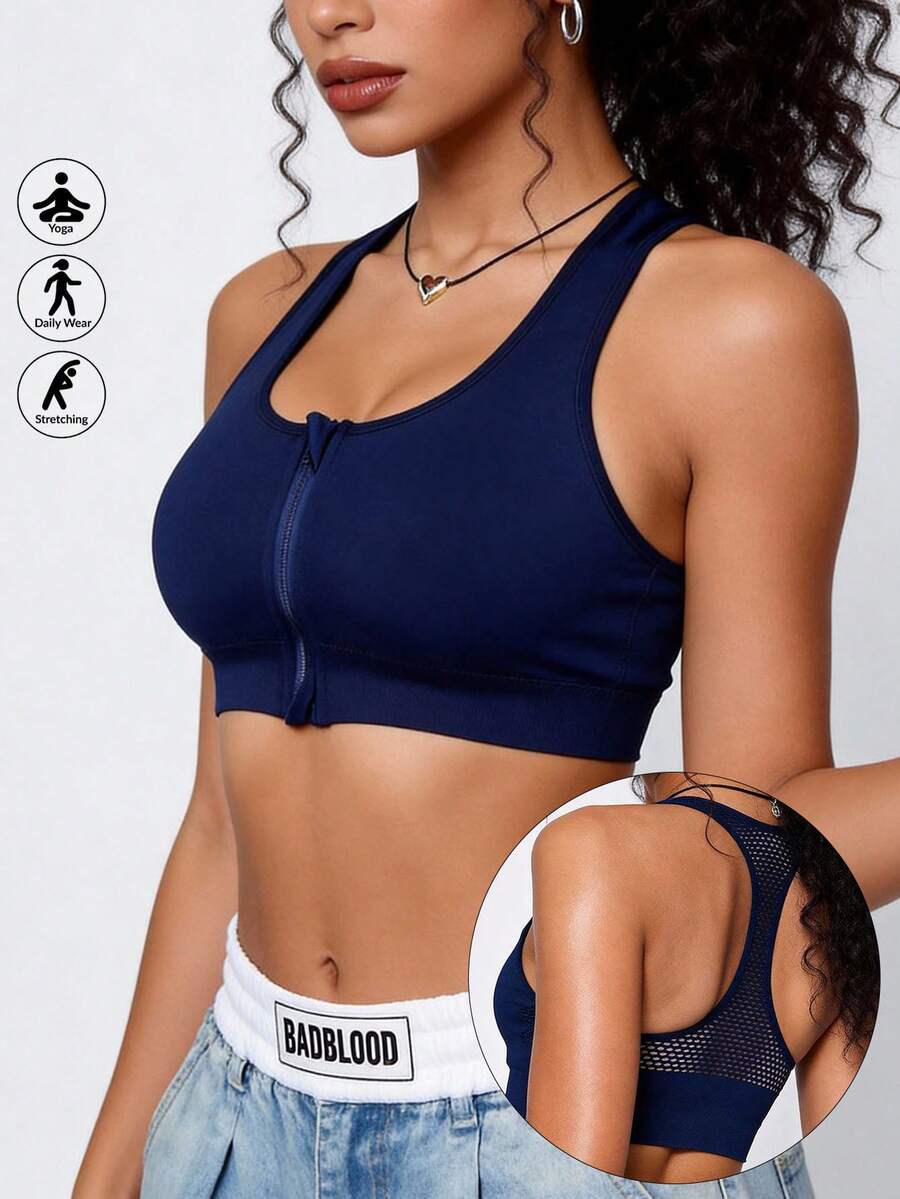 Runway Rest 1pc Ladies Blue Zipper Front Seamless Padded Sports Bra - Navy Blue - View 1