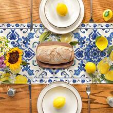 1pc Lemon Blue & White Ceramic Table Runner, Summer Tabletop Decor, Spring Kitchen Table Decoration For Family Gathering - Blue - View 5