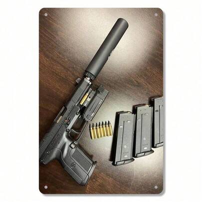 1pc Tactical FN Pistol With Silencer & Extra Magazine Metal Sign,Funny Metal Poster ,2D Flat Printing Multipurpose Metal Decor With Pre-Drilled Holes For Easy Hanging, Room Decor,Home Decor,Kitchen Decor,Office Decor,Garden Decor,Outdoor Decor,Bedroom Decor, Living Room Decor, Cafe Decor, Restaurant Decor, Garage Decor, Bar Decor
