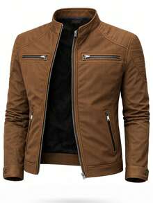 Men's Colorful Faux Leather Motorcycle Jacket - 鏽棕色 - 查看 1