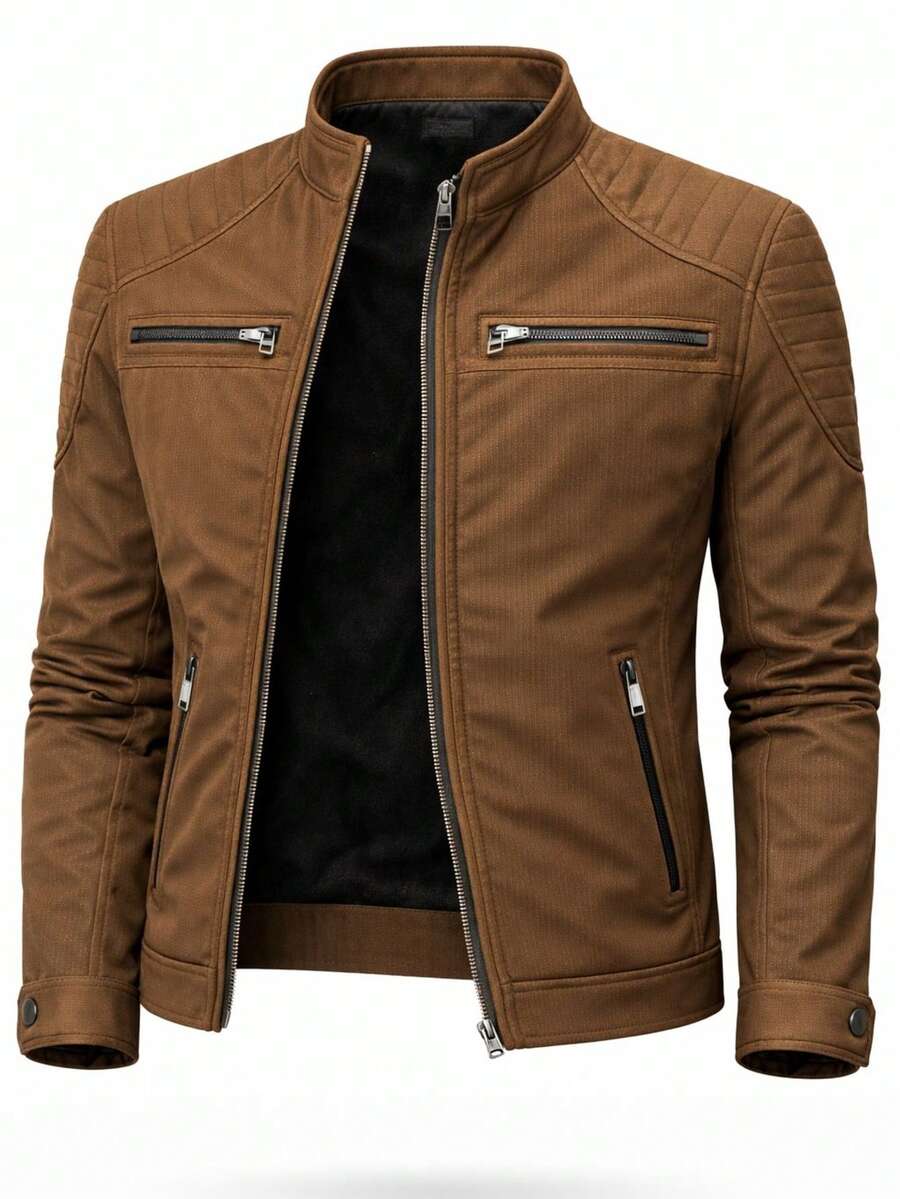 Men's Colorful Faux Leather Motorcycle Jacket - 鏽棕色 - 查看 1