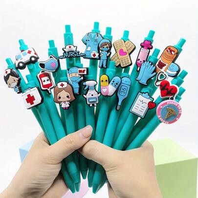 5pcs Retractable Ballpoint Pens, Medical/Doctor Themed, Back To School Supplies, Assorted Colors, Suitable For Students And Teachers