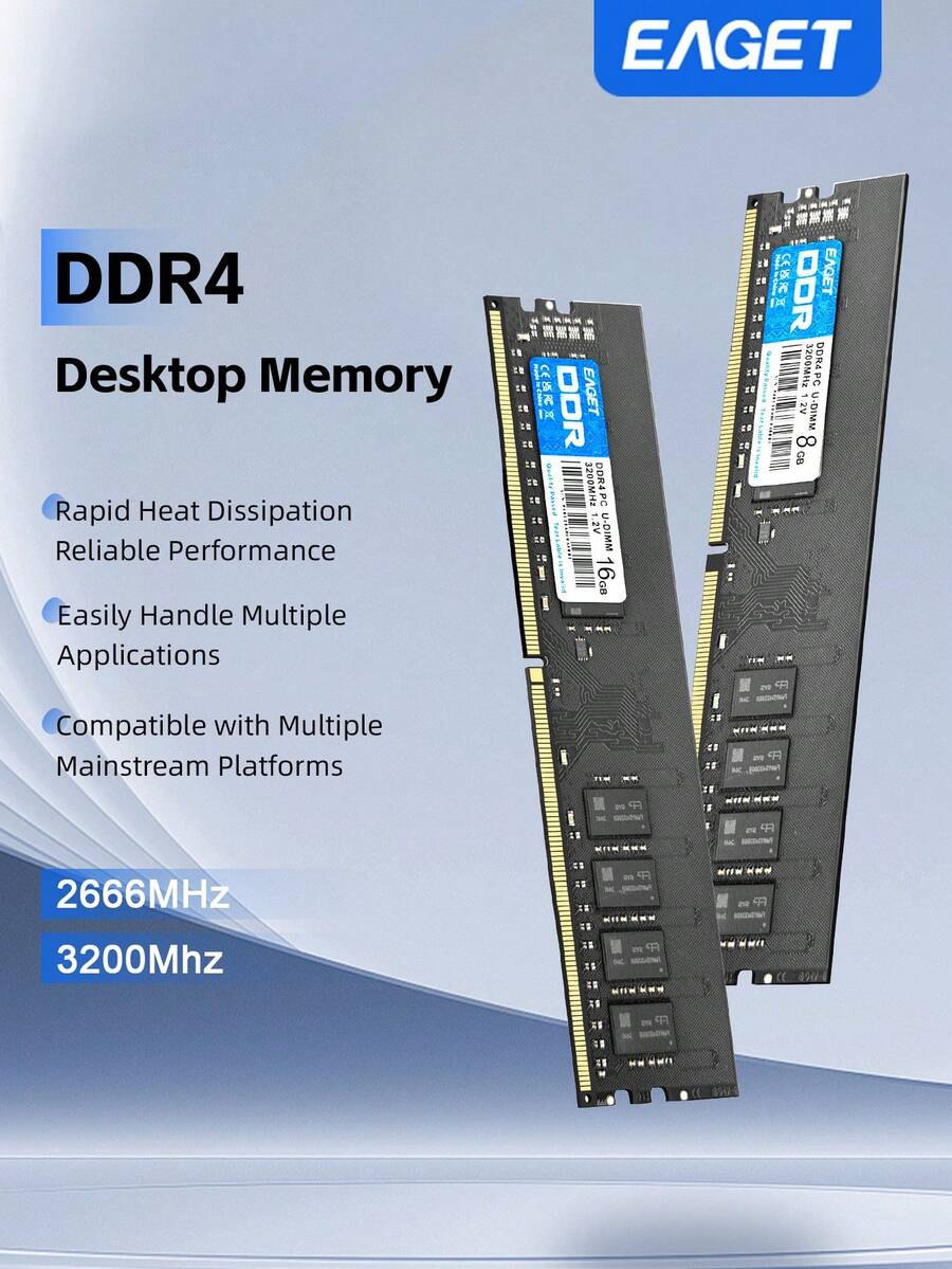 16GB/8GB DDR4 Desktop Memory, High-Performance 3000MHz/2666MHz, UDIMM 288-Pin, Compatible With Intel And AMD Ryzen, No XMP Support - Black - View 1