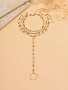 3pcs/Set Fashionable Multi-Layer Toe Ring Anklet, Shiny Colorful Crystal Beaded Foot Chain For Women, Suitable For Beach Party, Daily Gathering And Vacation. Handmade Chain Can Be Cut To Desired Length, With Random Color Arrangement Of Glass Crystal Beads. - Multicolor - View 2