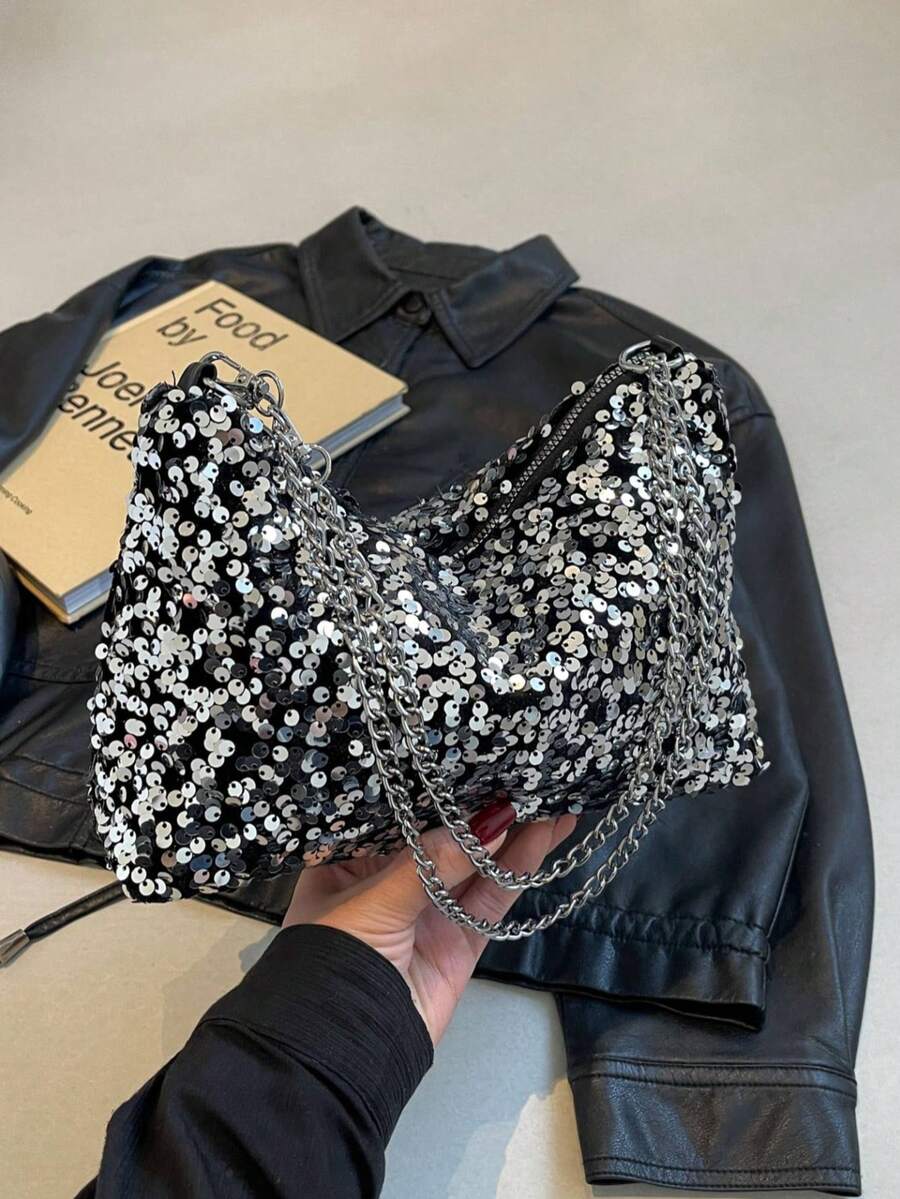 1pc Zipper Closure PVC Sequin Shiny Shoulder Bag, Fashion Chain Strap Clutch Purse, Suitable For Women Party, Date, Evening Use - Silver - View 1