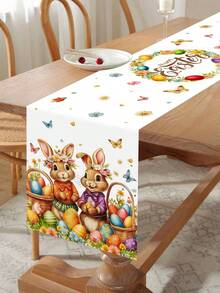 1 pieza Conejito colorido, huevo, mariposa Patrón de 35*180cm Camino de mesa de estilo granja de poliéster para Pascua, decoración alegre del hogar para Pascua, decoración de mesa de comedor para las vacaciones de primavera 2026 - Multicolor - Ver 11