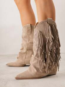 Heeled Cowboy Boots With Turn-Up Heel And Fringe - Beige - View 1