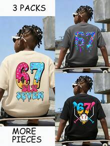 3pcs Boys Casual Printed Round Neck Short Sleeve T-Shirt, Summer Student Youth Clothing - Colorful English Letter & Baseball Print T-Shirt Brings Joy And Happiness To Every Kid! - Dark Grey - View 7