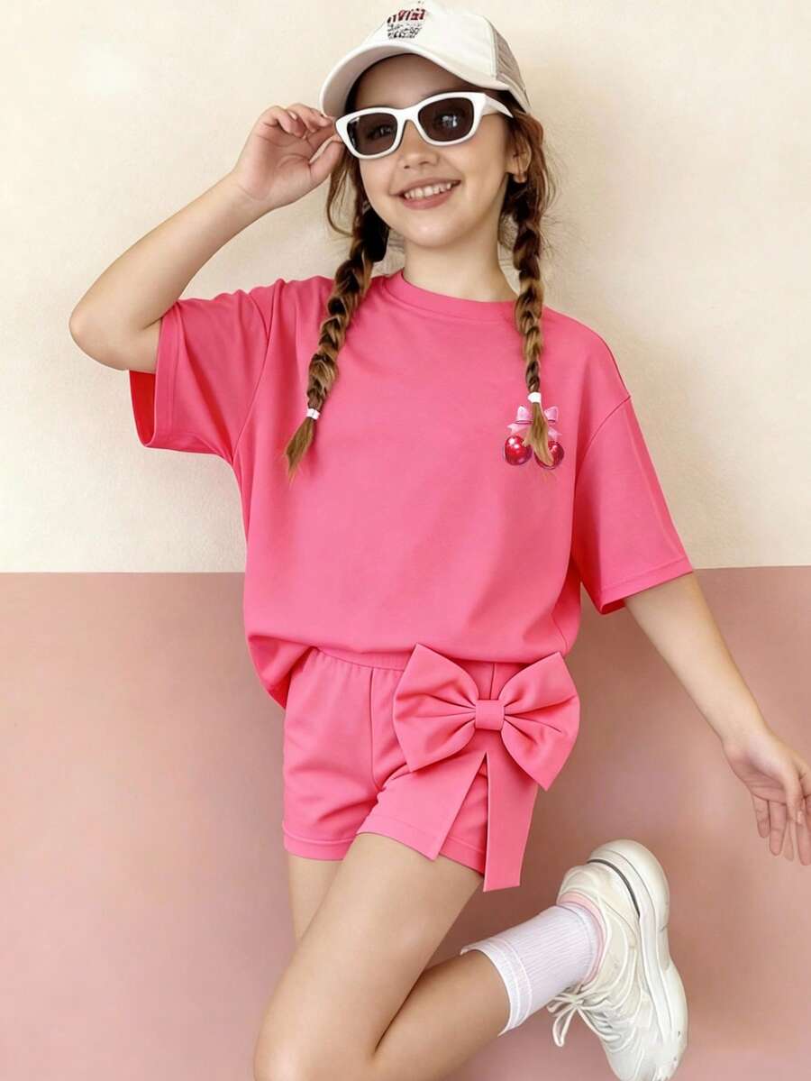 This Casual Set Features A Unique Cherry Letter Graphic Design, Including A Purple Round Neck T-Shirt And A Purple Wide-Leg Pants. - Hot Pink - View 1