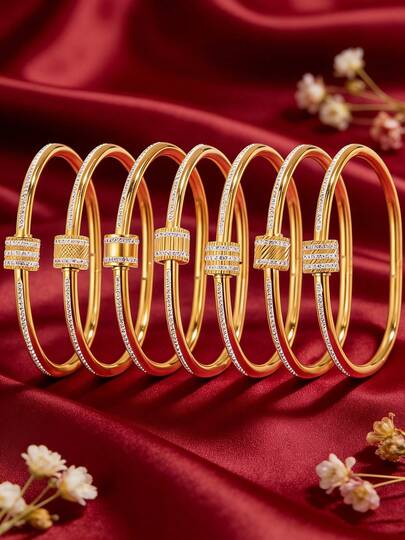 7/1pc - Elegant And Exquisite Stainless Steel Gold-Plated Bracelets That Retain Their Color For A Long Time. Seven Different Bracelet Designs Feature Unique Patterns And Sparkling Cubic Zirconia Details. Perfect For Layering Or Wearing Alone, These Bracelets Effortlessly Elevate Any Outfit, Making Them The Perfect Valentine's Day Gift.