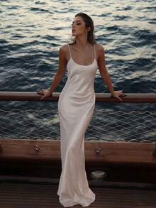 Basrey Sexy Long Bridesmaid Dress, Spaghetti Strap Backless Design, Zipper Closure, Elegant Woven Fabric, Suitable For Special Occasions - Light Apricot Color - View 3