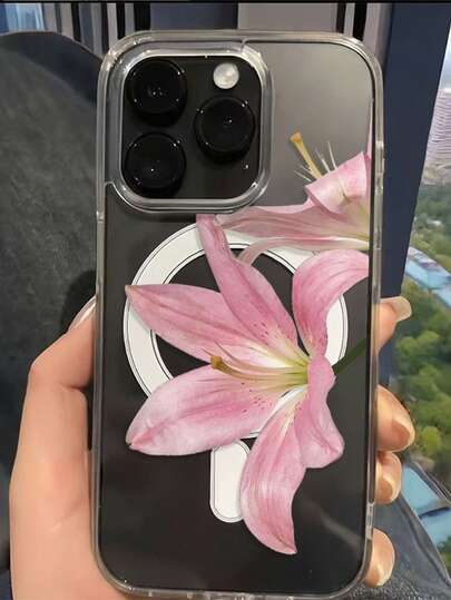 1pc Transparent Magnetic Phone Case With Lily Flower Pattern, Couples Phone Case For Valentine's Day, Compatible With IPhone 17 Pro Max/16 Pro Max/15 Pro Max/13/15/16/17 Pro/14/11, Fashionable Transparent Lily Flower Magnetic Phone Protective Cover