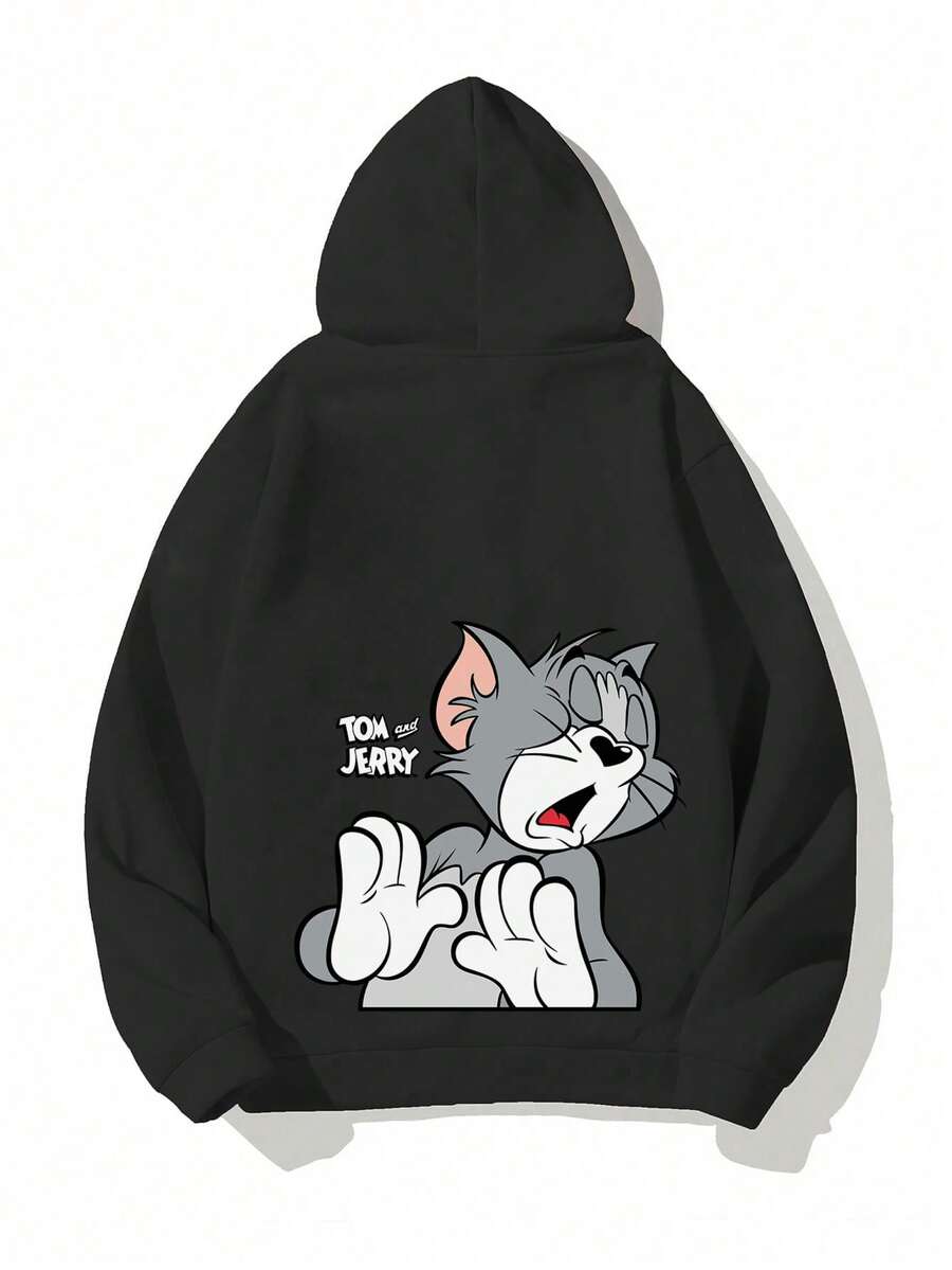 Men's Casual Versatile Tom And Jerry Element Printed Hoodie Sweatshirt, Autumn/Winter - Black - View 1