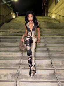 Autumn New European And American Popular Fashion Sexy V-Neck Neck Sleeveless Hollow  Jumpsuit Trousers - 黑色 - 查看 4