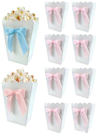 10 pièces/1 pièce Boîte à pop-corn en forme d'éventail en papier blanc avec nœud, support à pop-corn mignon, seau. Cadeau de mariage, cadeau pour bébé, Saint-Valentin, mariage, fête de Noël