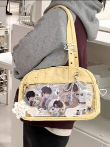 1pc Japanese Style New Original Casual Fashion Sweet Cute College Large Capacity Starry Sky Bowling Bag, Soft Lightweight Canvas Transparent Badge Grain Bag, Women Daily Commute Party Shoulder Crossbody Bag - Multicolor - View 17