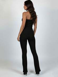 Women's Sexy Casual Rib-Knit Bandeau Long Two-Piece Outfit With Split Detail High Stretch Fabric - 黑色 - 查看 3
