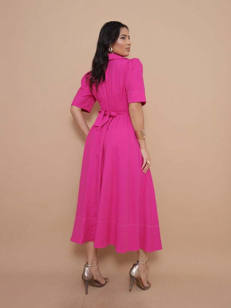 Helena Elegant Luxury Midi Dress With Collar And Belt, Short Sleeves - Hot Pink - View 5