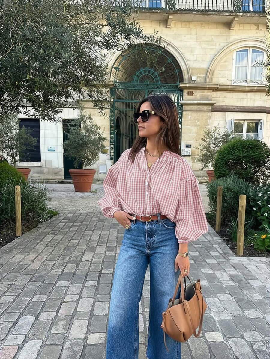 Chemise à carreaux rouges décontractée pour femme, col cranté, manches bouffantes roses - Rose bonbon - Voir 1
