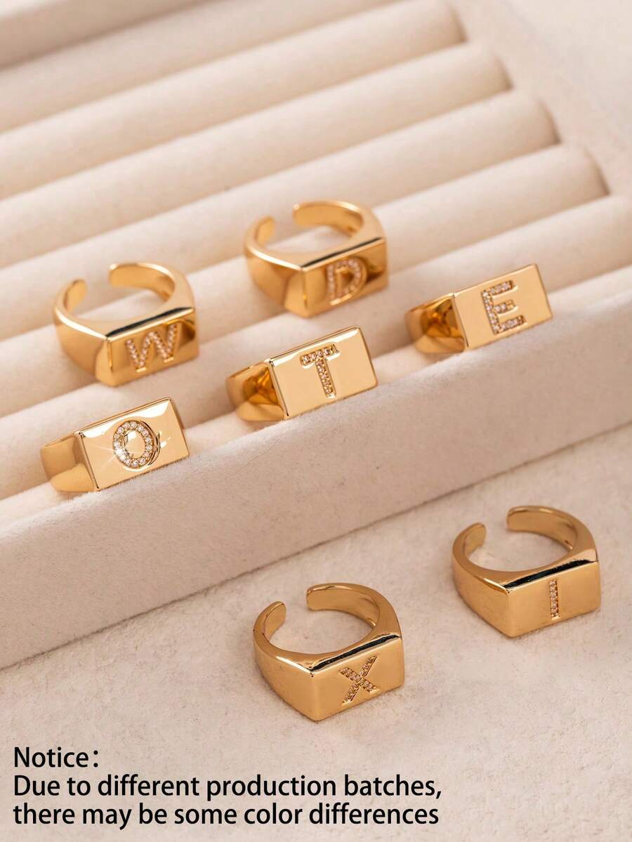 1pc Luxury Initial Open Ring, A-Z Letter Block Design With Cubic Zirconia, Adjustable Fashion Ring For Girl & Teens, Gift For Friends - Gold - View 1