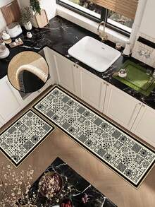 3.5mm Thick Soft Rubber Linen Kitchen Mat, Moroccan Tile Style Absorbent Kitchen Rug, Edged Carpet To Prevent Peeling, Water-Absorbing And Easy To Clean Mat, Linen Surface With Sponge Middle And Rubber Bottom, Suitable For Kitchen, Bathroom, Laundry Room, Hallway, Living Room And Other Occasions - Multicolor - View 9