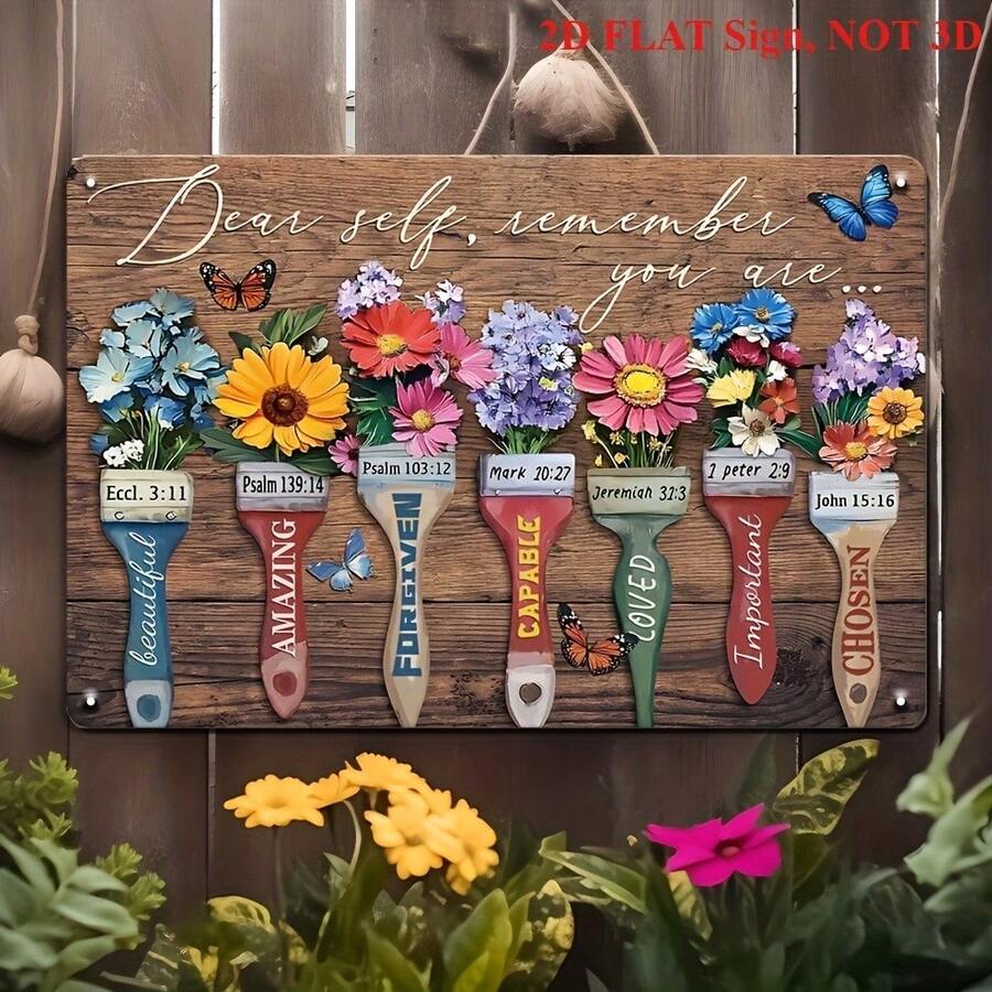 2D Flat Metal Tin Sign Christian Wall Art - 'Dear Self, Remember You Are...' - Bible Verse Paintbrush Floral Sign, 7.8 X 11.8 Inch Vintage Metal Decor For Home, Office, Or Church - Faith-Based Gift For Women, 2D Flat - 1PC - 查看 1
