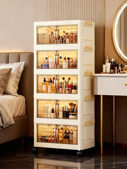 1pc 40/50/60cm Foldable Storage Cabinet, 3-5 Tier Double Door Plastic Storage Organizer With Wheels, Living Room Toy & Snack Multi-Layer Cabinet, Clothes Storage Cabinet, Home Dust-Proof Shelf, Household Storage Rack, Storage Box, Plastic Container, Oil Bottle, Kitchen Storage Accessories, Cup Rack, 1 Oil Bottle, Spoon Rack, Kitchen Storage Shelf, Storage Bag, Refrigerator Storage Rack