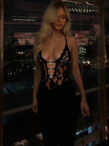 Lace Trim Corset Spaghetti Strap Maxi Gown Women's Clothing - 黑色 - 查看 3