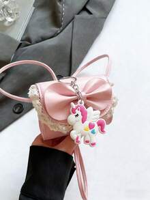 1pc Mini Crossbody Bag With Lace And Bow Decoration, Cute And Unique High-Quality Pu Crossbody Bag, And Fashionable New Bag, Fresh And Lively Color Matching, New Youthful Style, Can Be Worn Crossbody, Adjustable Shoulder Strap, Casual And Fashionable - Mini Bow Bag + Unicorn Charm - View 6