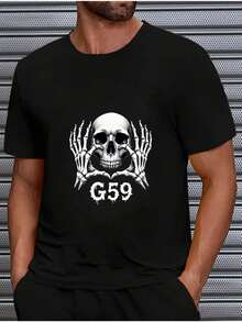 Men's Crew Neck T-Shirt And Bones With G59 Print For Halloween Party - Black - View 12