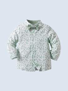 BOARNSEORL 两件套男童绅士套装，长袖印花衬衫配领结和绿色背带裤，时尚优雅，适合生日、周年纪念、派对和日常穿着。 - 綠色 - 查看 6